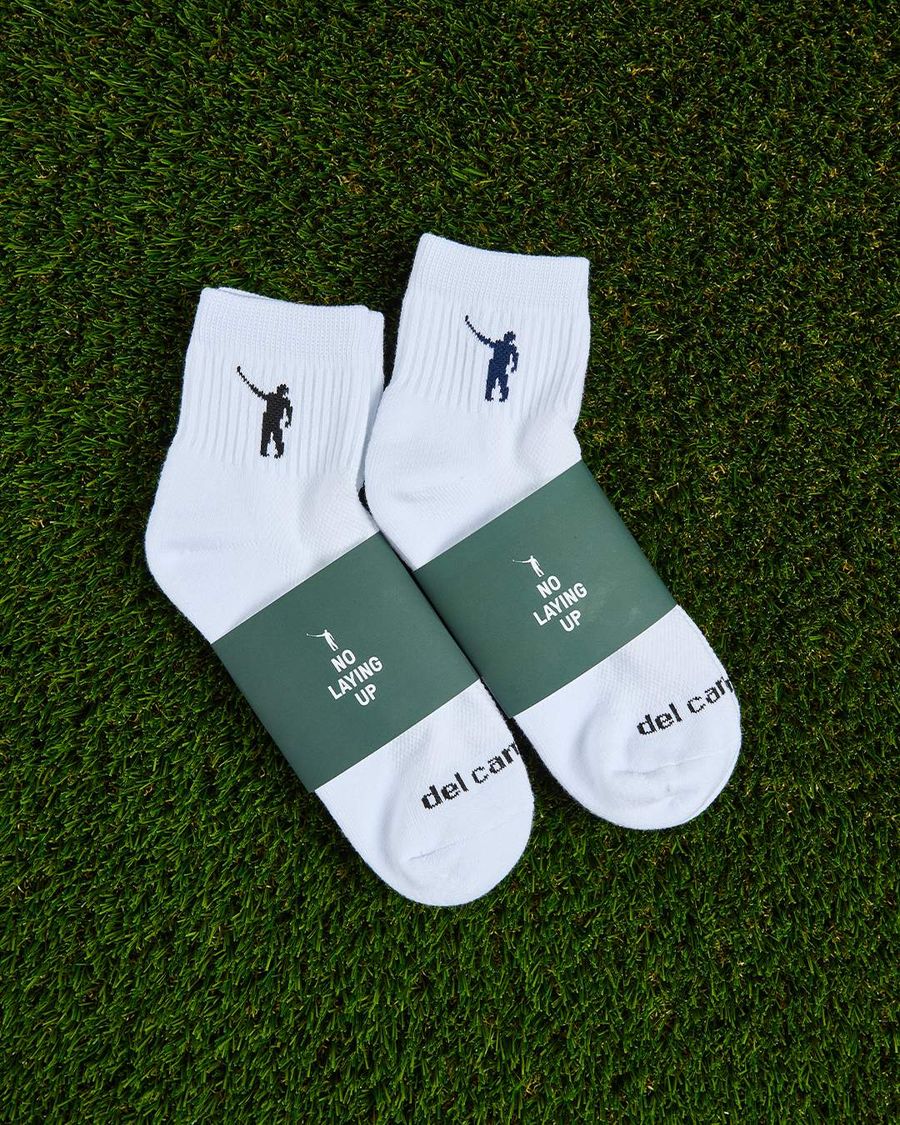 Custom No Laying Up logo golf socks by Del Campo